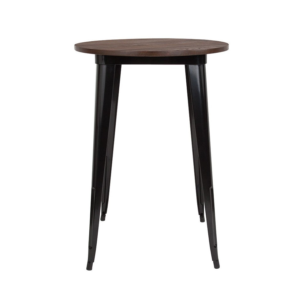 30" Round Black Metal Indoor Bar Height Table with Walnut Rustic Wood Top