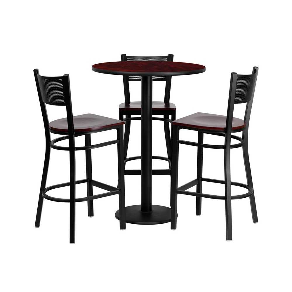 30'' Round Mahogany Laminate Table Set with 3 Grid Back Metal Barstools - Mahogany Wood Seat