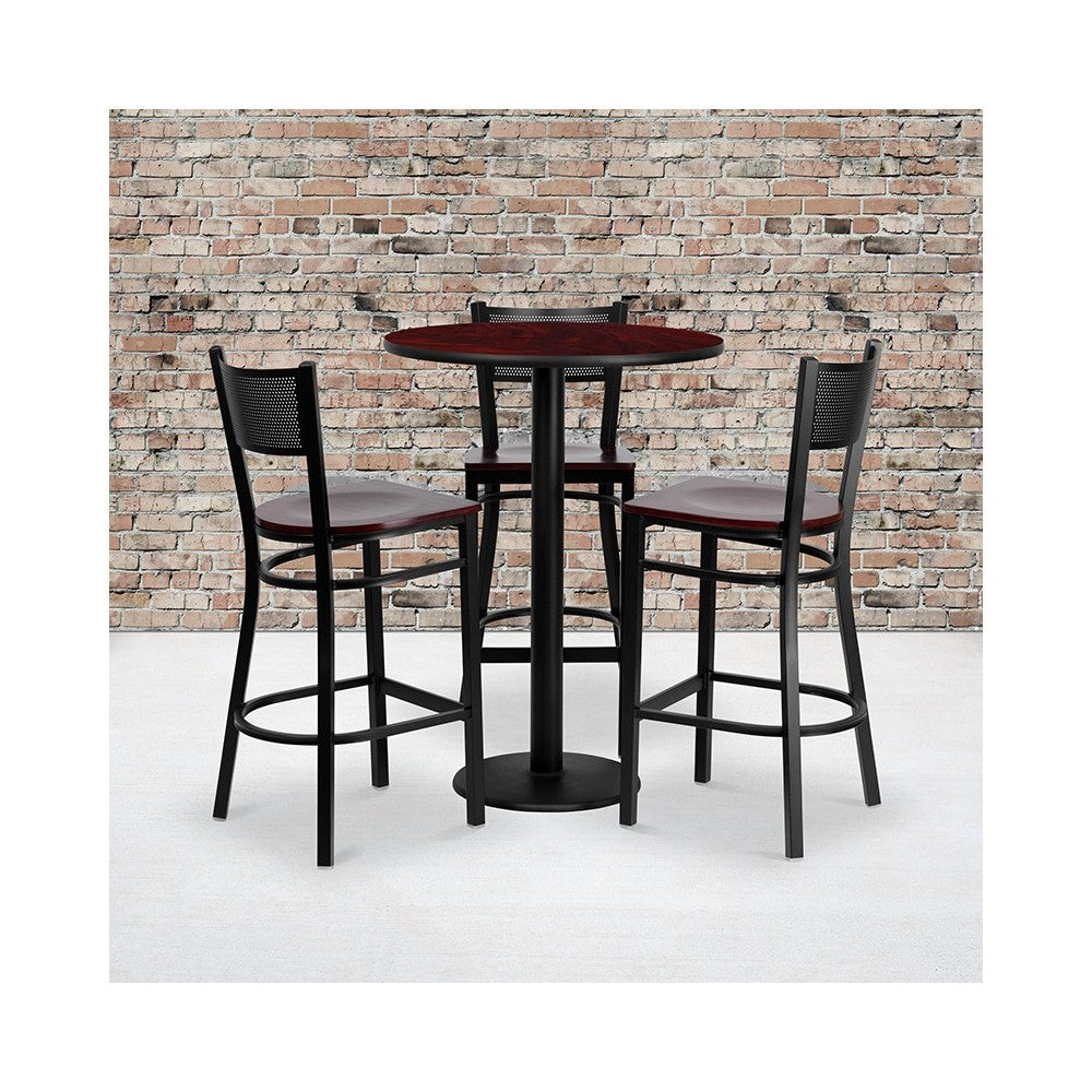 30'' Round Mahogany Laminate Table Set with 3 Grid Back Metal Barstools - Mahogany Wood Seat