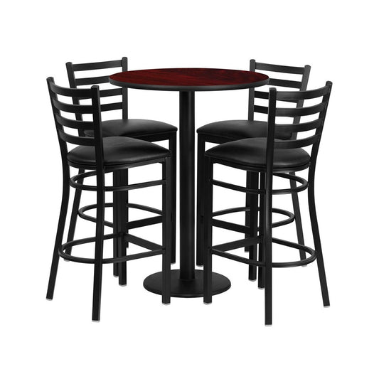 30'' Round Mahogany Laminate Table Set with Round Base and 4 Ladder Back Metal Barstools - Black Vinyl Seat