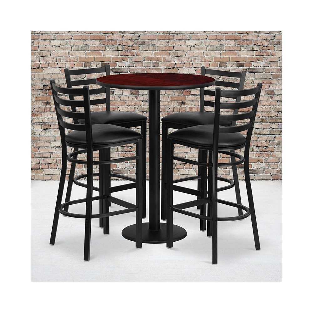 30'' Round Mahogany Laminate Table Set with Round Base and 4 Ladder Back Metal Barstools - Black Vinyl Seat