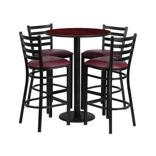 30'' Round Mahogany Laminate Table Set with Round Base and 4 Ladder Back Metal Barstools - Burgundy Vinyl Seat