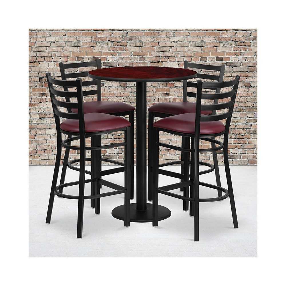 30'' Round Mahogany Laminate Table Set with Round Base and 4 Ladder Back Metal Barstools - Burgundy Vinyl Seat