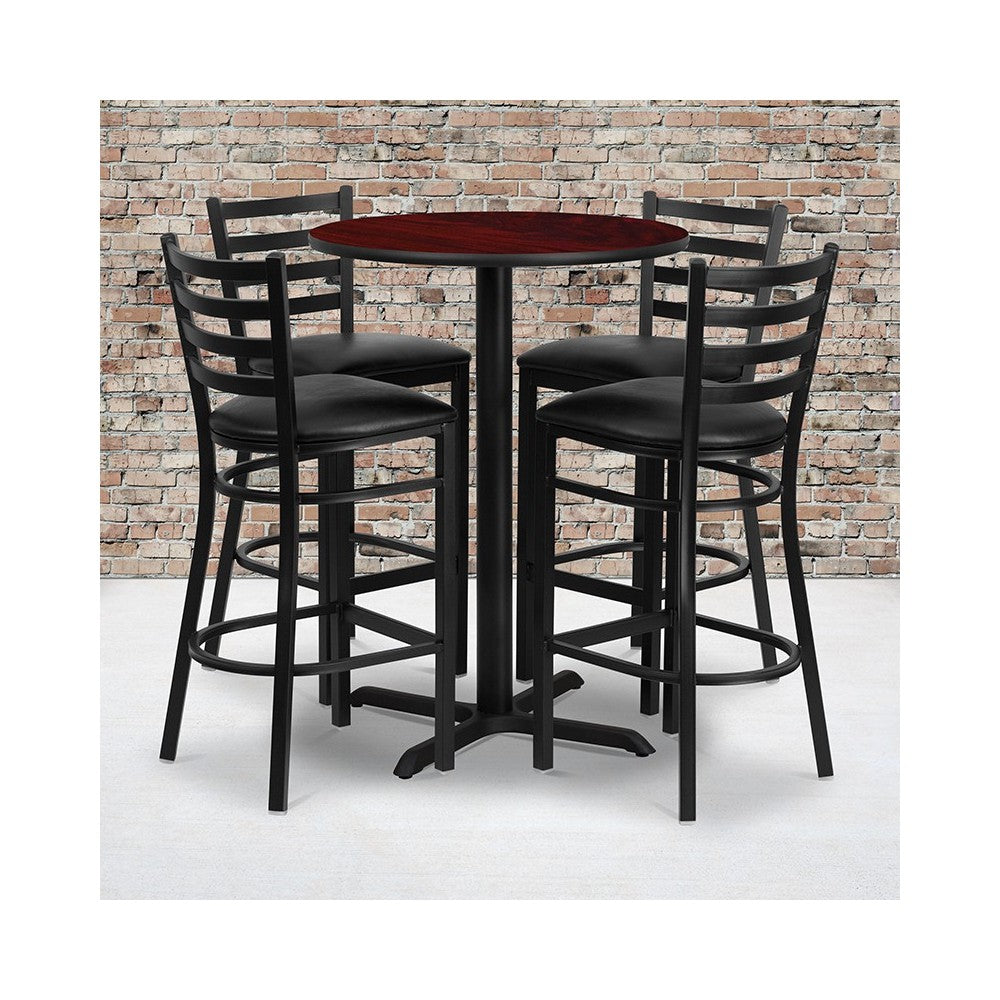 30'' Round Mahogany Laminate Table Set with X-Base and 4 Ladder Back Metal Barstools - Black Vinyl Seat