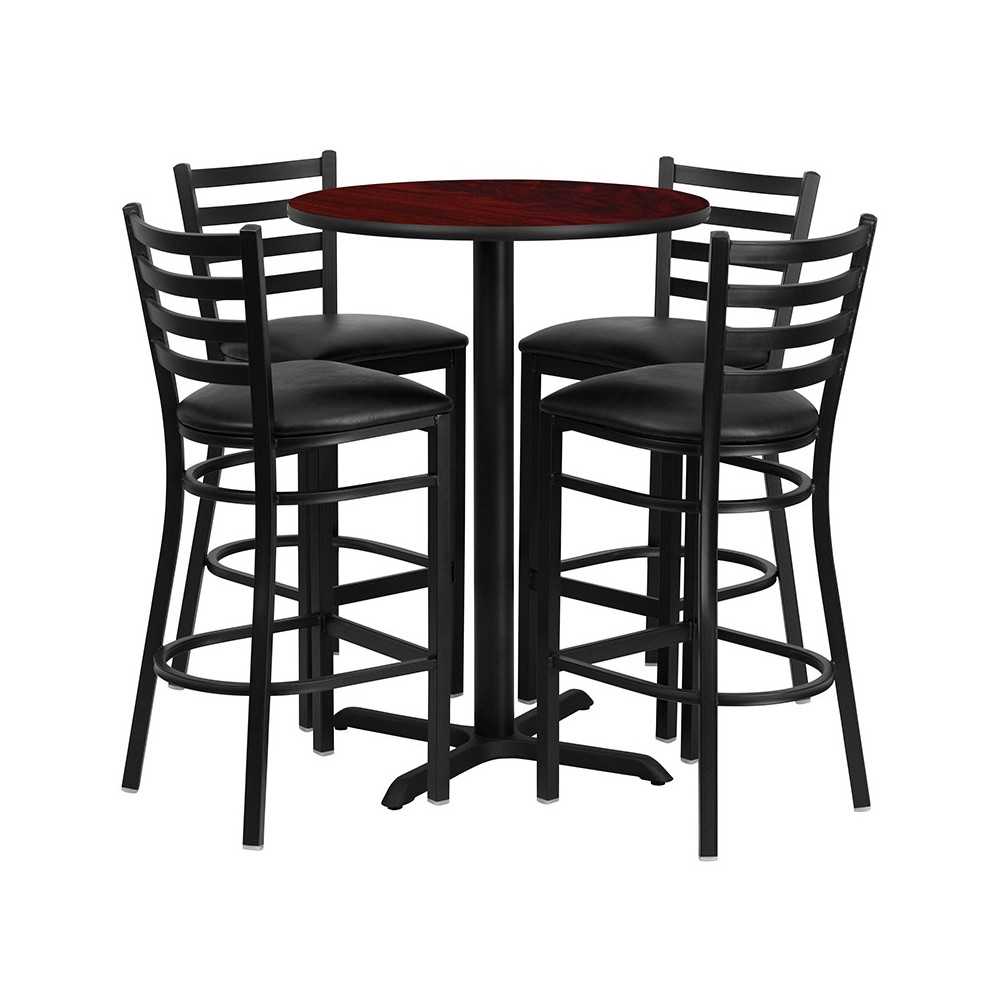 30'' Round Mahogany Laminate Table Set with X-Base and 4 Ladder Back Metal Barstools - Black Vinyl Seat