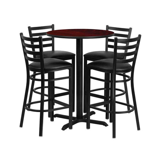 30'' Round Mahogany Laminate Table Set with X-Base and 4 Ladder Back Metal Barstools - Black Vinyl Seat