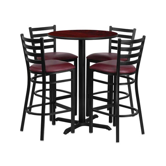 30'' Round Mahogany Laminate Table Set with X-Base and 4 Ladder Back Metal Barstools - Burgundy Vinyl Seat