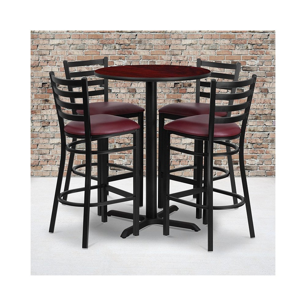 30'' Round Mahogany Laminate Table Set with X-Base and 4 Ladder Back Metal Barstools - Burgundy Vinyl Seat