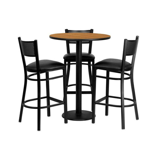 30'' Round Natural Laminate Table Set with 3 Grid Back Metal Barstools - Black Vinyl Seat