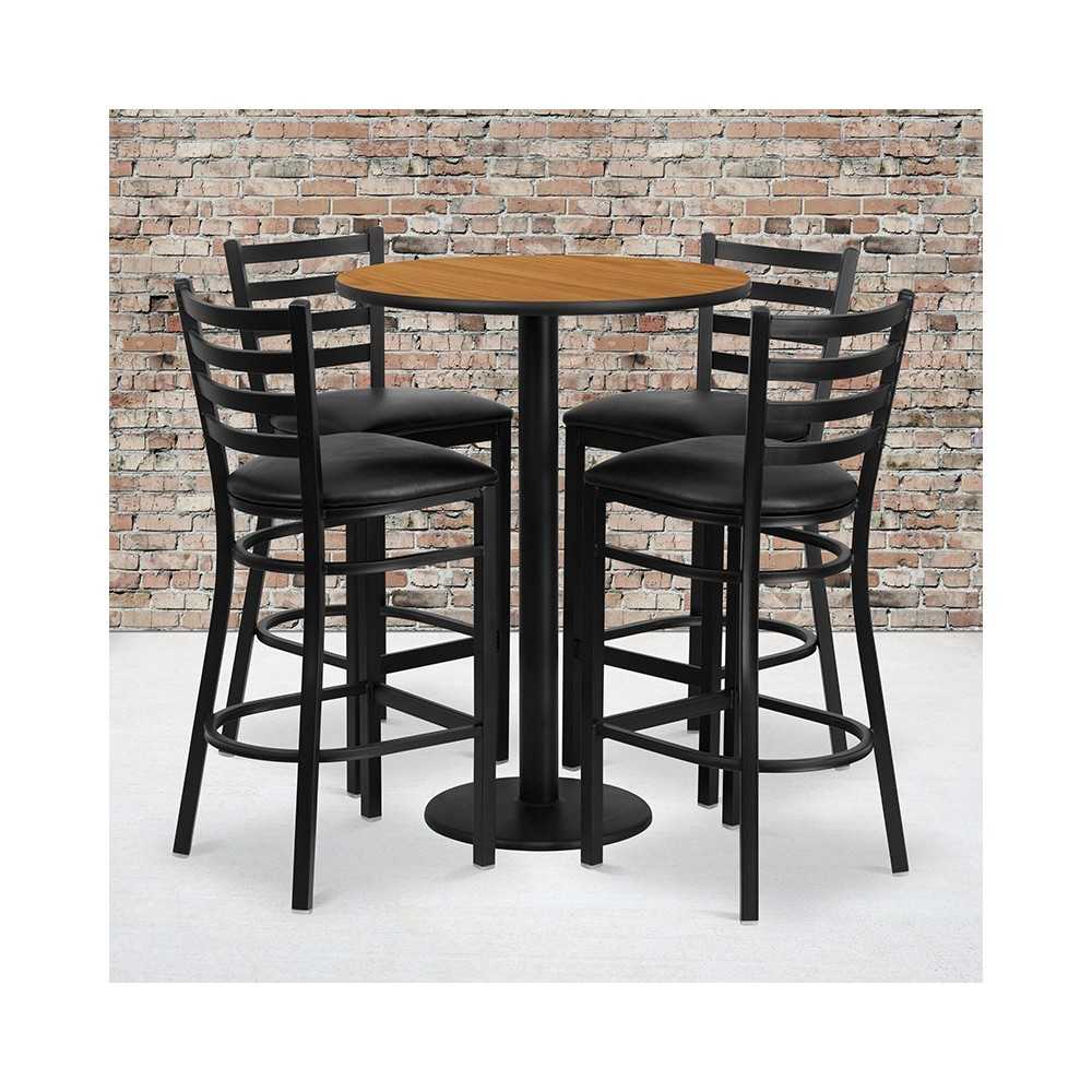 30'' Round Natural Laminate Table Set with Round Base and 4 Ladder Back Metal Barstools - Black Vinyl Seat