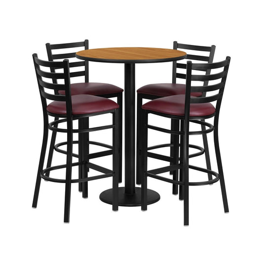 30'' Round Natural Laminate Table Set with Round Base and 4 Ladder Back Metal Barstools - Burgundy Vinyl Seat