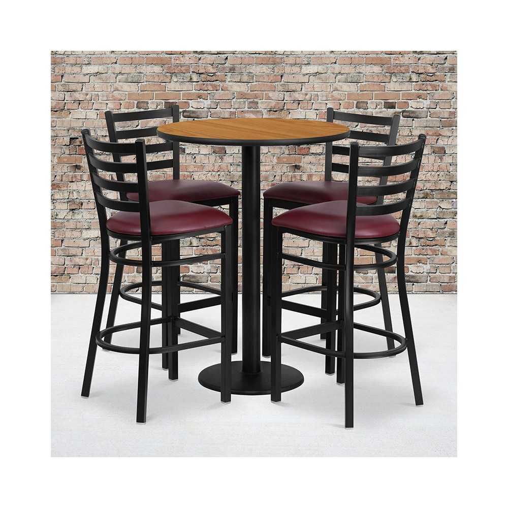 30'' Round Natural Laminate Table Set with Round Base and 4 Ladder Back Metal Barstools - Burgundy Vinyl Seat