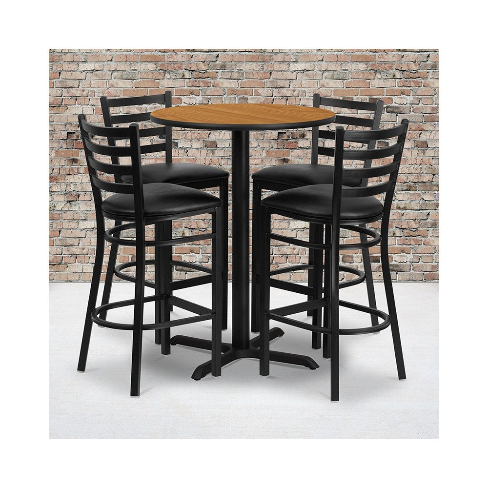 30'' Round Natural Laminate Table Set with X-Base and 4 Ladder Back Metal Barstools - Black Vinyl Seat