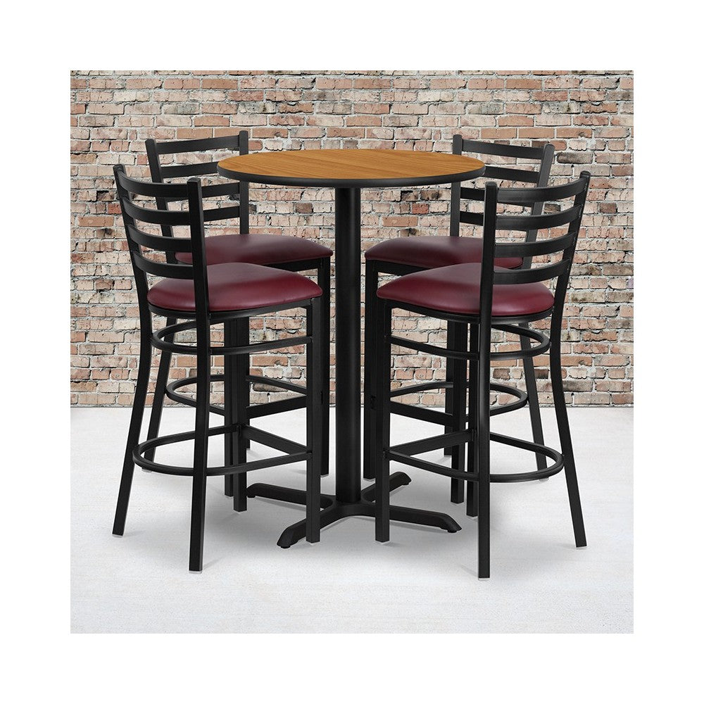 30'' Round Natural Laminate Table Set with X-Base and 4 Ladder Back Metal Barstools - Burgundy Vinyl Seat