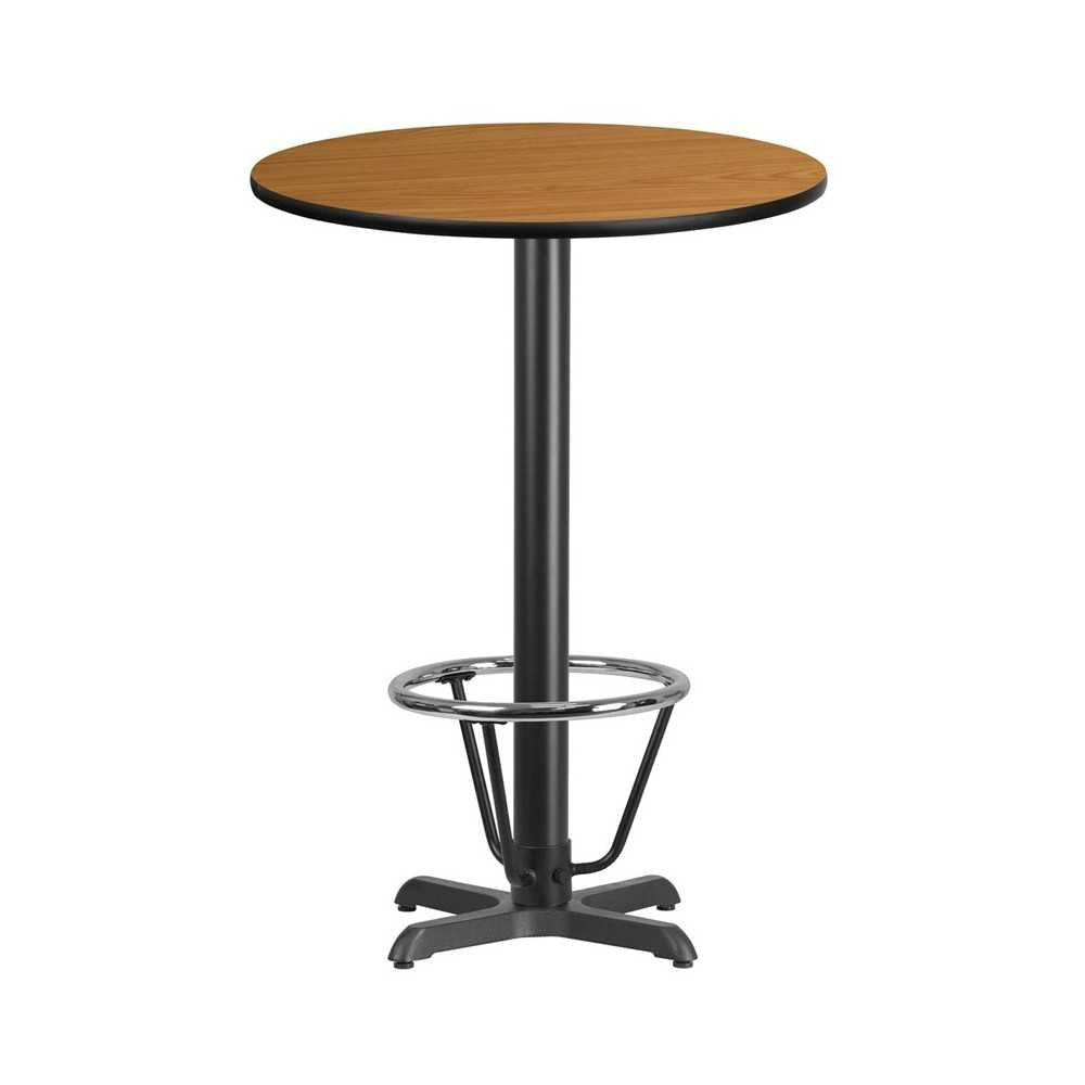 30'' Round Natural Laminate Table Top with 22'' x 22'' Bar Height Table Base and Foot Ring