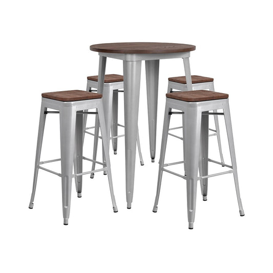 30" Round Silver Metal Bar Table Set with Wood Top and 4 Backless Stools