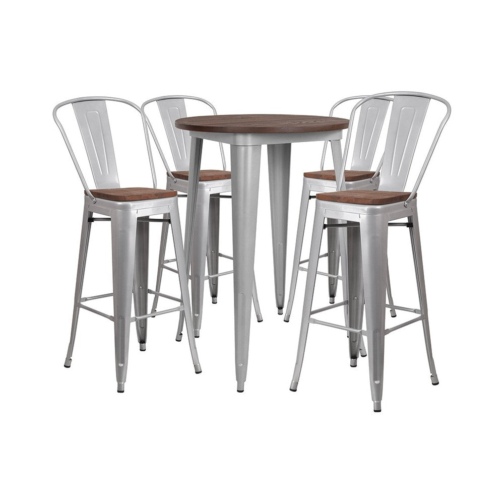 30" Round Silver Metal Bar Table Set with Wood Top and 4 Stools