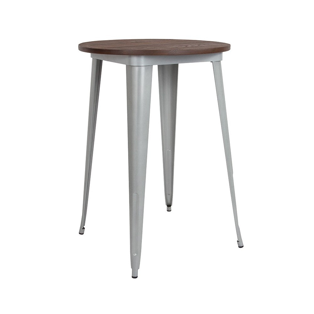 30" Round Silver Metal Indoor Bar Height Table with Walnut Rustic Wood Top