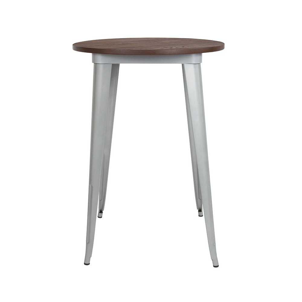 30" Round Silver Metal Indoor Bar Height Table with Walnut Rustic Wood Top