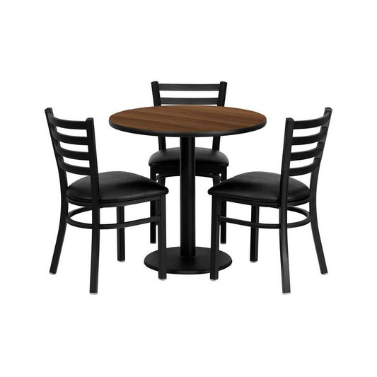 30'' Round Walnut Laminate Table Set with 3 Ladder Back Metal Chairs - Black Vinyl Seat