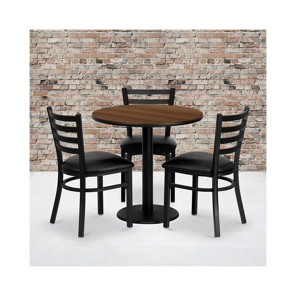 30'' Round Walnut Laminate Table Set with 3 Ladder Back Metal Chairs - Black Vinyl Seat