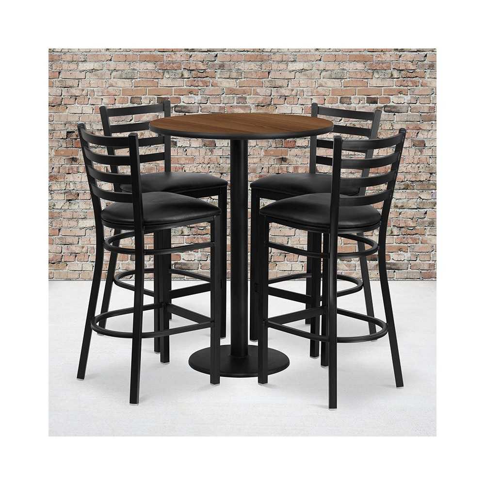 30'' Round Walnut Laminate Table Set with Round Base and 4 Ladder Back Metal Barstools - Black Vinyl Seat