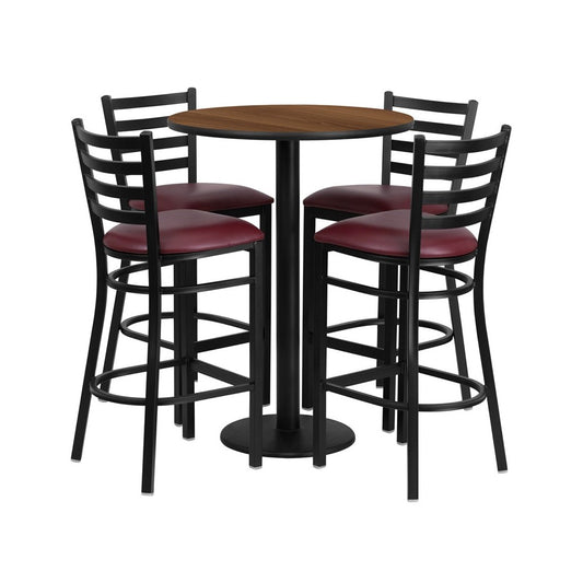 30'' Round Walnut Laminate Table Set with Round Base and 4 Ladder Back Metal Barstools - Burgundy Vinyl Seat