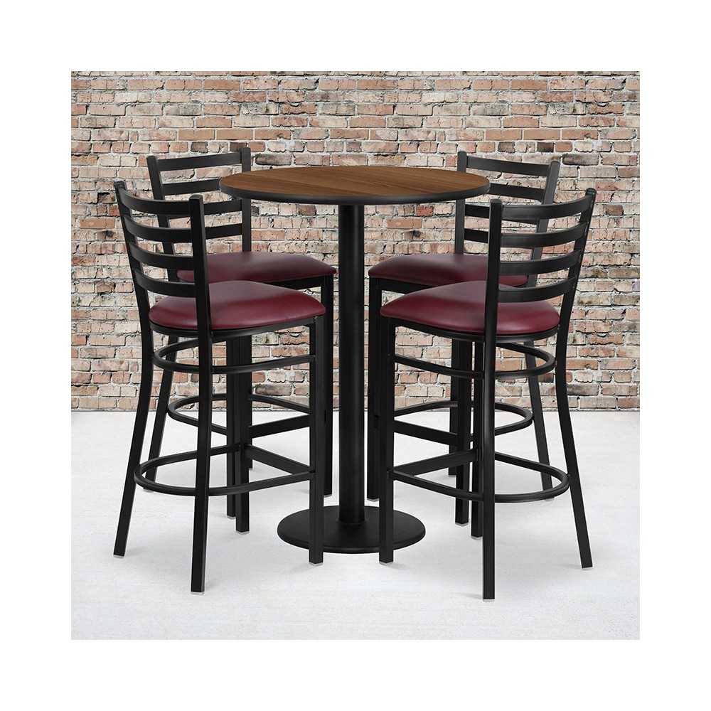 30'' Round Walnut Laminate Table Set with Round Base and 4 Ladder Back Metal Barstools - Burgundy Vinyl Seat