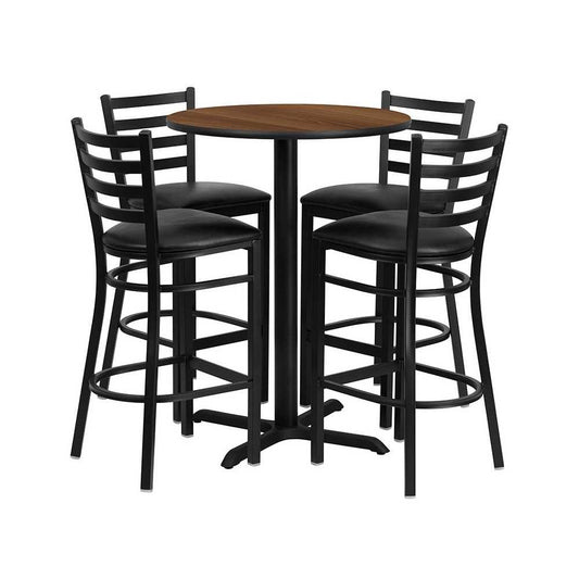 30'' Round Walnut Laminate Table Set with X-Base and 4 Ladder Back Metal Barstools - Black Vinyl Seat