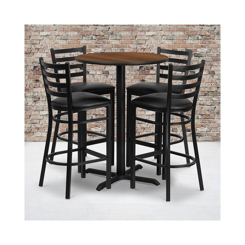 30'' Round Walnut Laminate Table Set with X-Base and 4 Ladder Back Metal Barstools - Black Vinyl Seat