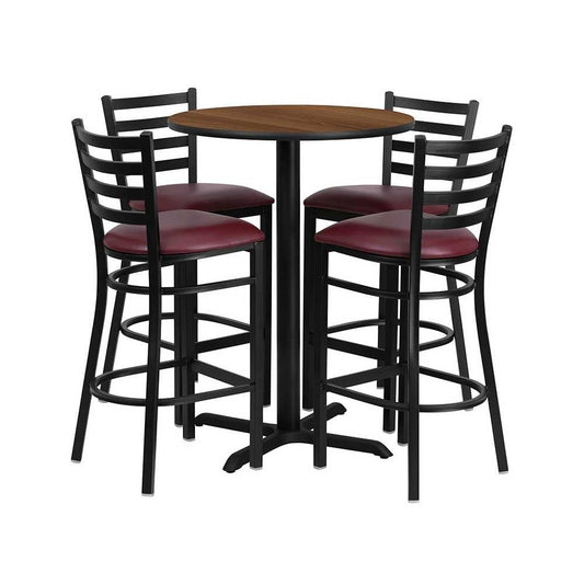 30'' Round Walnut Laminate Table Set with X-Base and 4 Ladder Back Metal Barstools - Burgundy Vinyl Seat