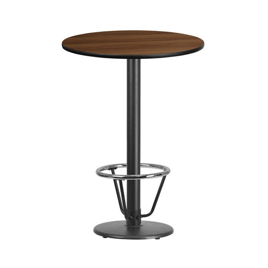 30'' Round Walnut Laminate Table Top with 18'' Round Bar Height Table Base and Foot Ring