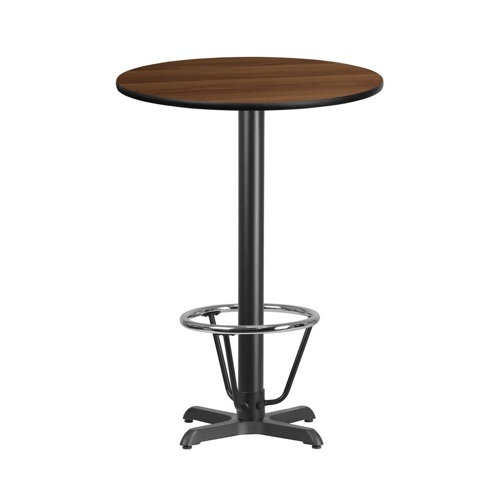 30'' Round Walnut Laminate Table Top with 22'' x 22'' Bar Height Table Base and Foot Ring