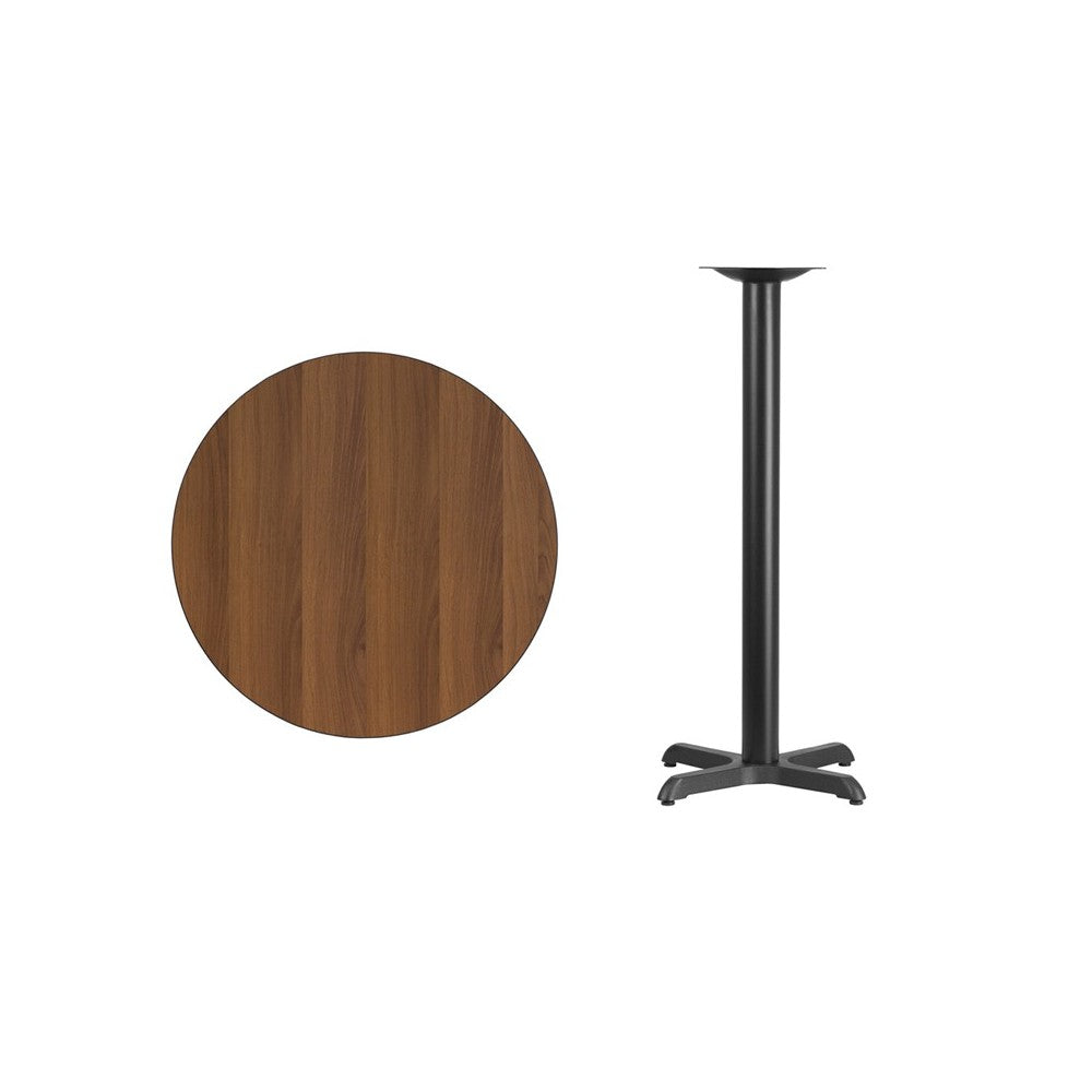 30'' Round Walnut Laminate Table Top with 22'' x 22'' Bar Height Table Base