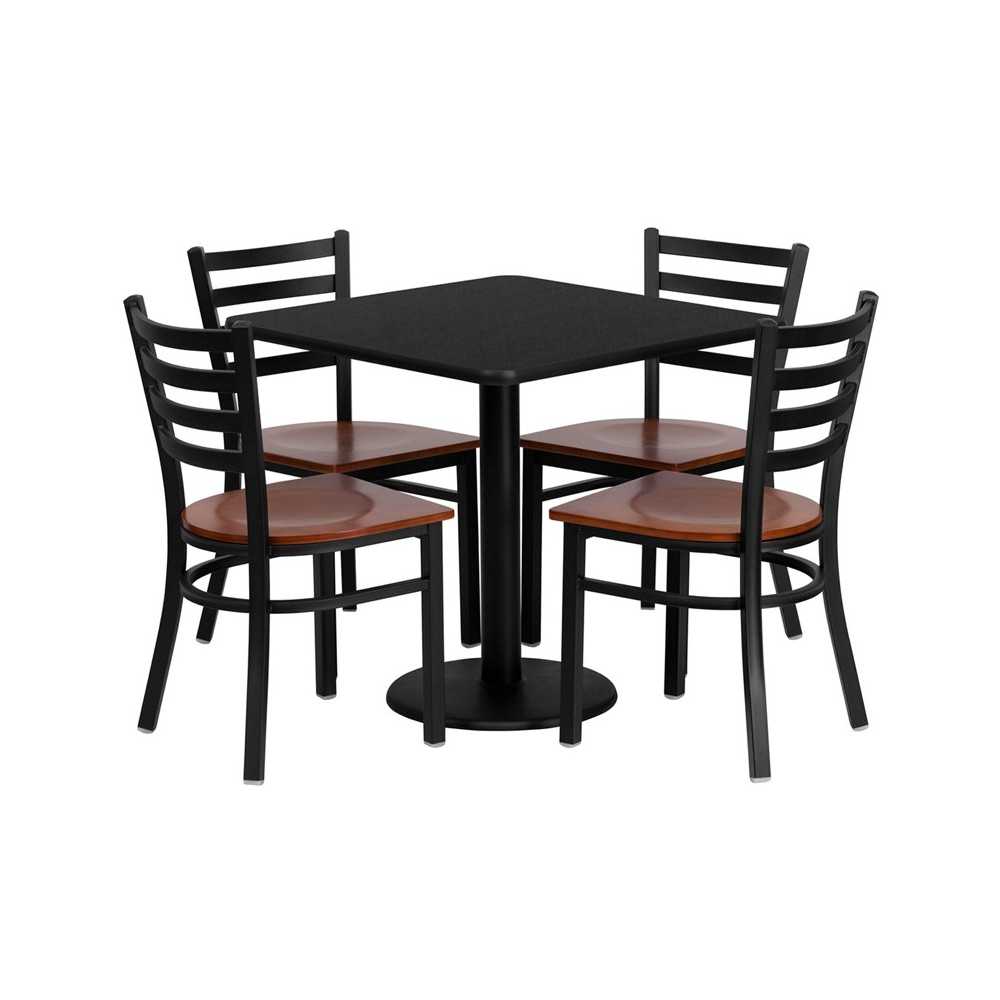 30'' Square Black Laminate Table Set with 4 Ladder Back Metal Chairs - Cherry Wood Seat