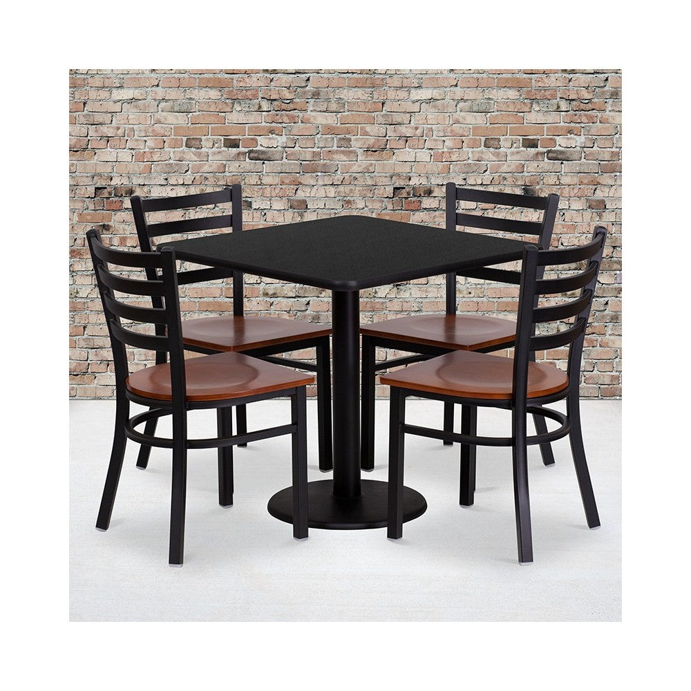 30'' Square Black Laminate Table Set with 4 Ladder Back Metal Chairs - Cherry Wood Seat