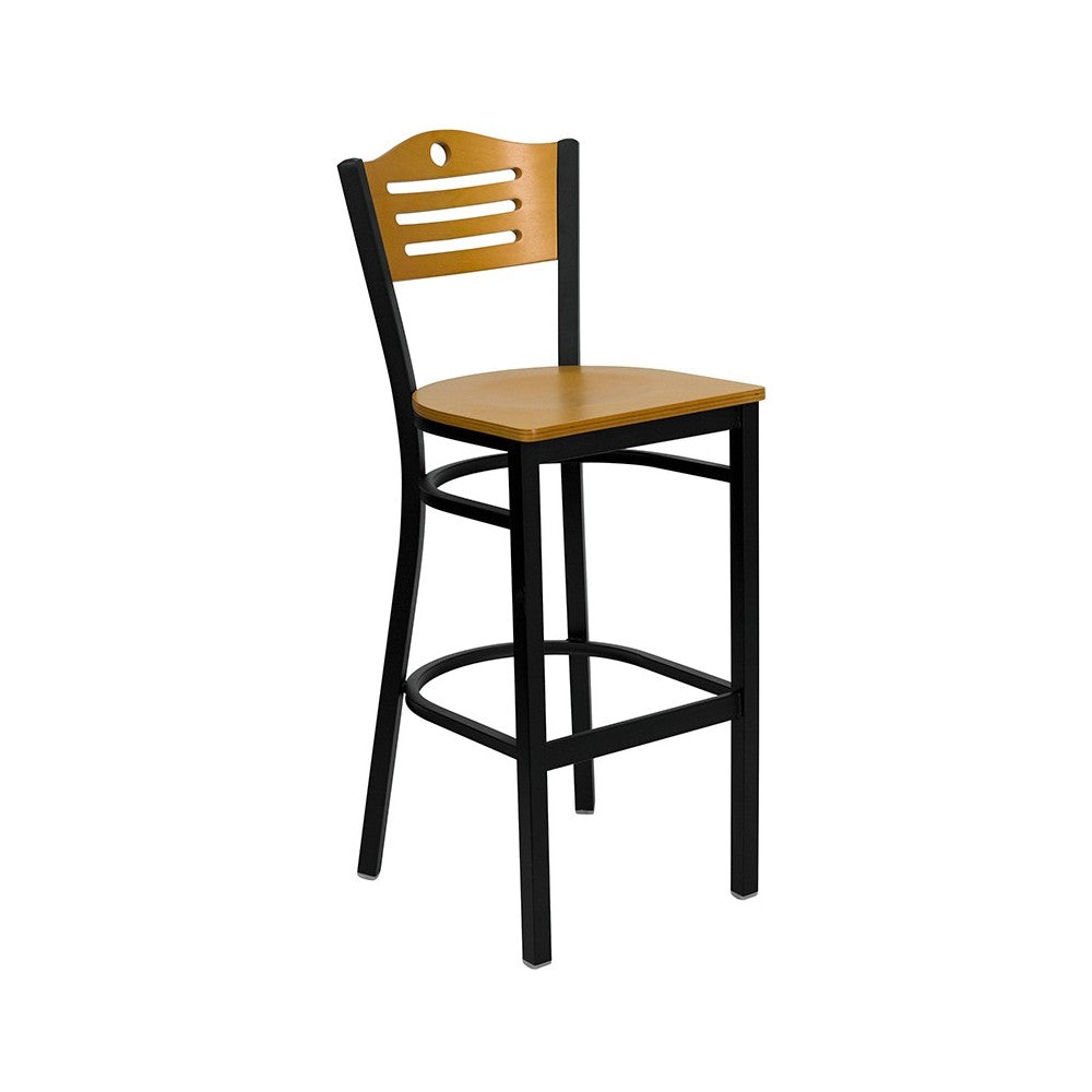 30'' Square Black Laminate Table Set with 4 Wood Slat Back Metal Barstools - Black Vinyl Seat