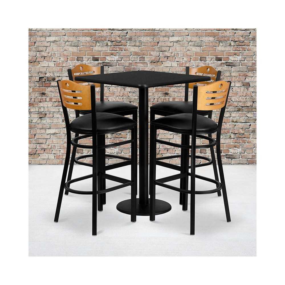 30'' Square Black Laminate Table Set with 4 Wood Slat Back Metal Barstools - Black Vinyl Seat