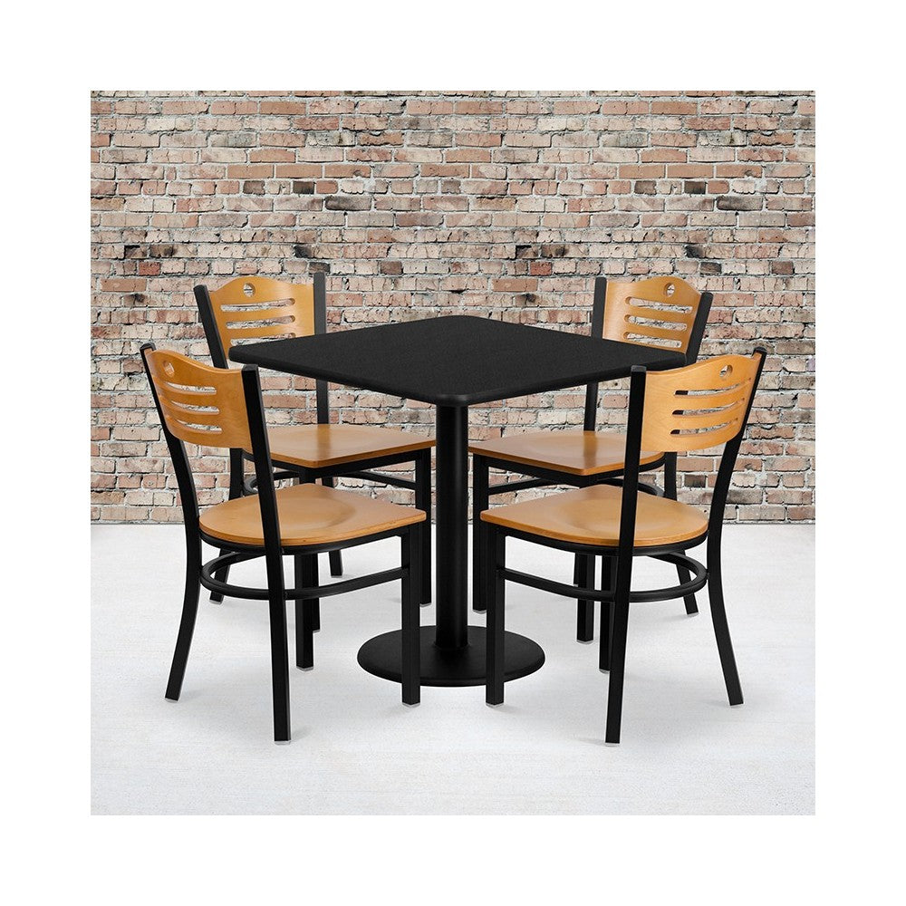 30'' Square Black Laminate Table Set with 4 Wood Slat Back Metal Chairs - Natural Wood Seat