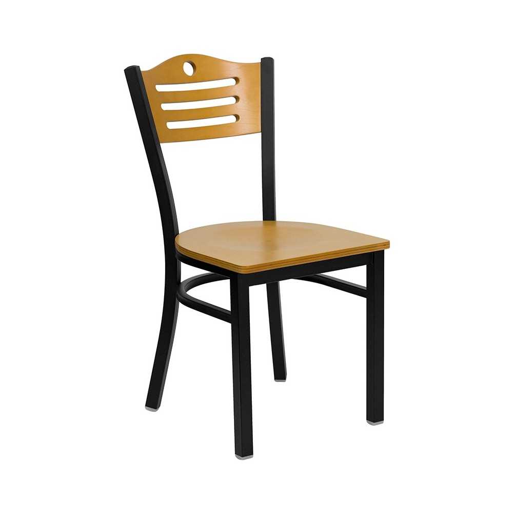 30'' Square Black Laminate Table Set with 4 Wood Slat Back Metal Chairs - Natural Wood Seat