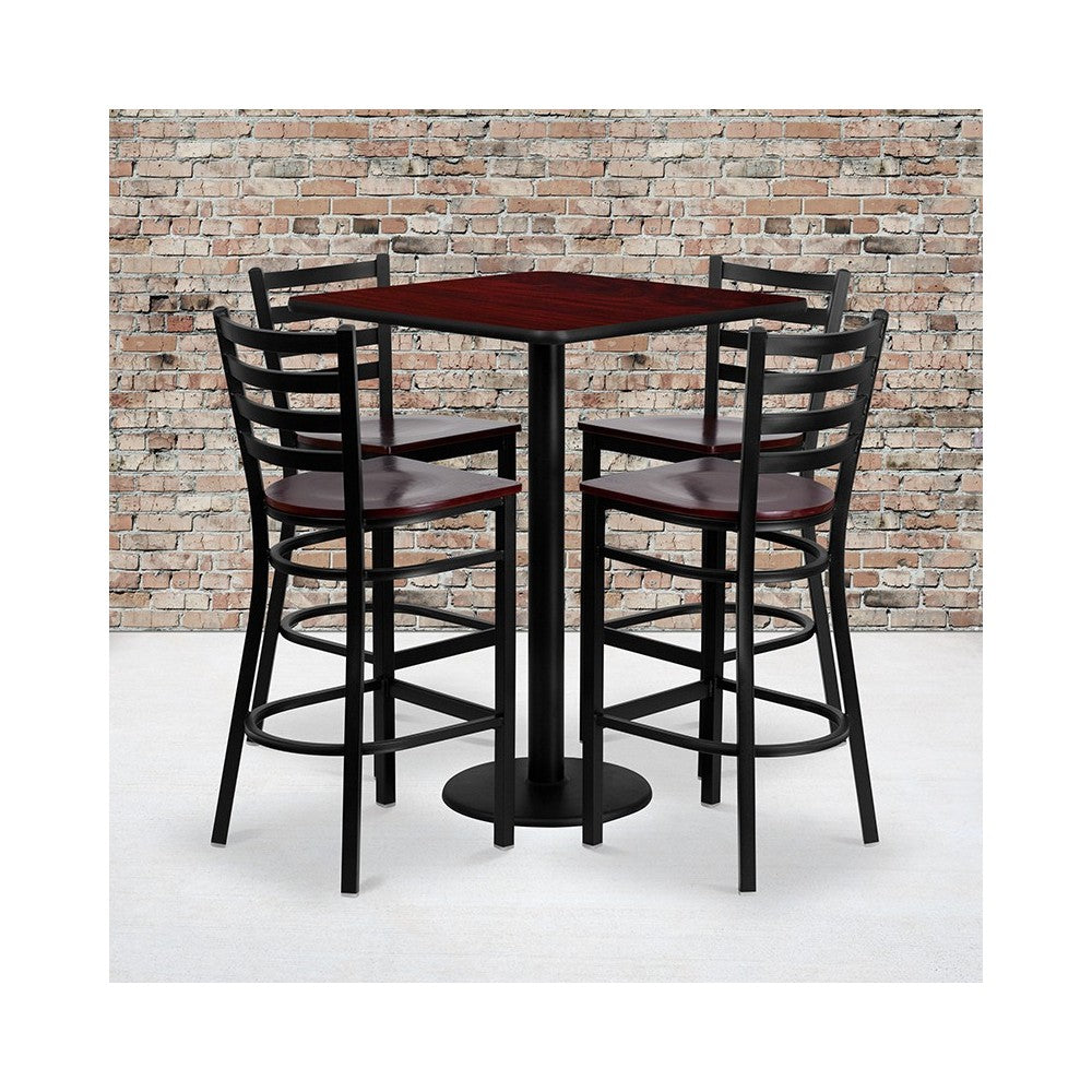 30'' Square Mahogany Laminate Table Set with 4 Ladder Back Metal Barstools - Mahogany Wood Seat