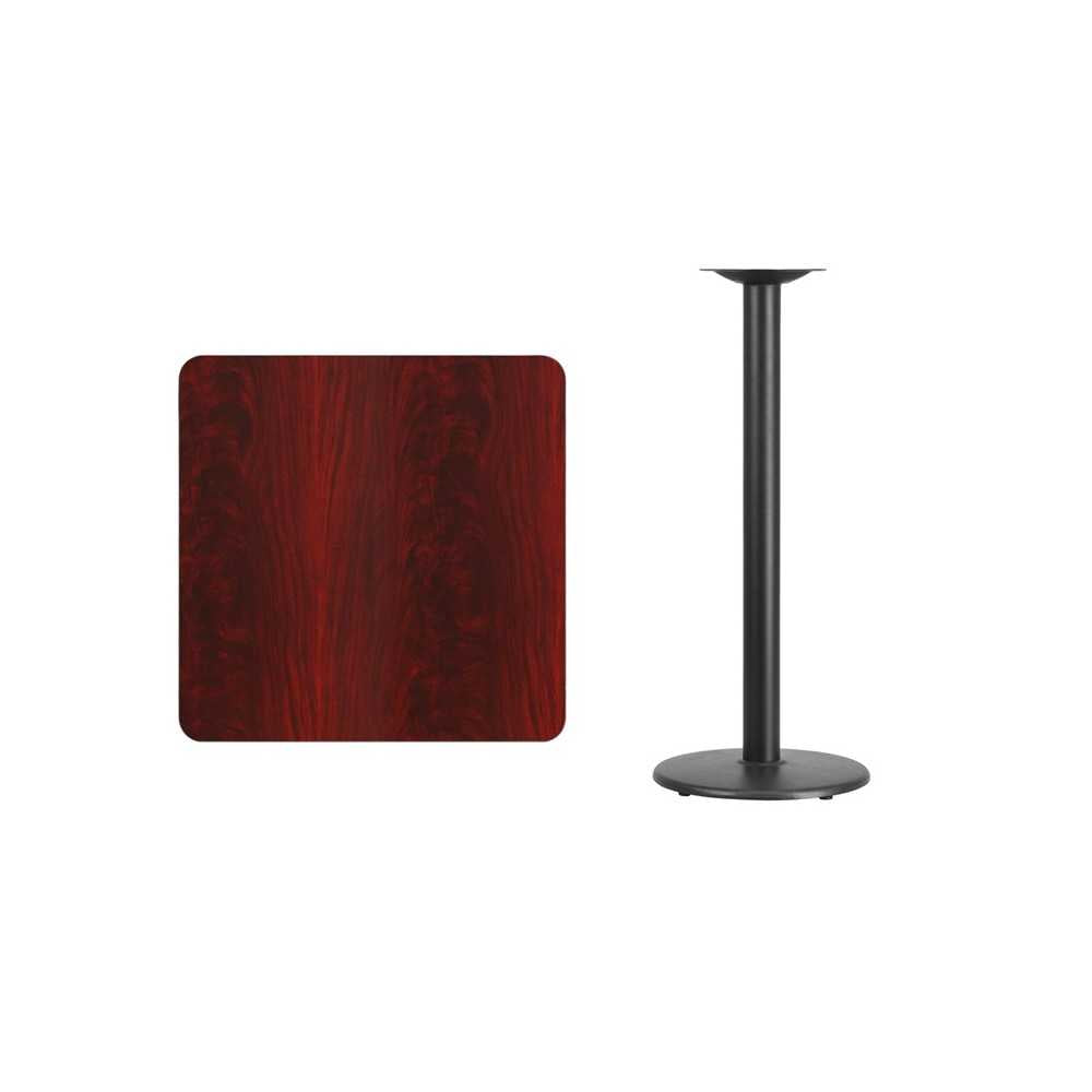 30'' Square Mahogany Laminate Table Top with 18'' Round Bar Height Table Base