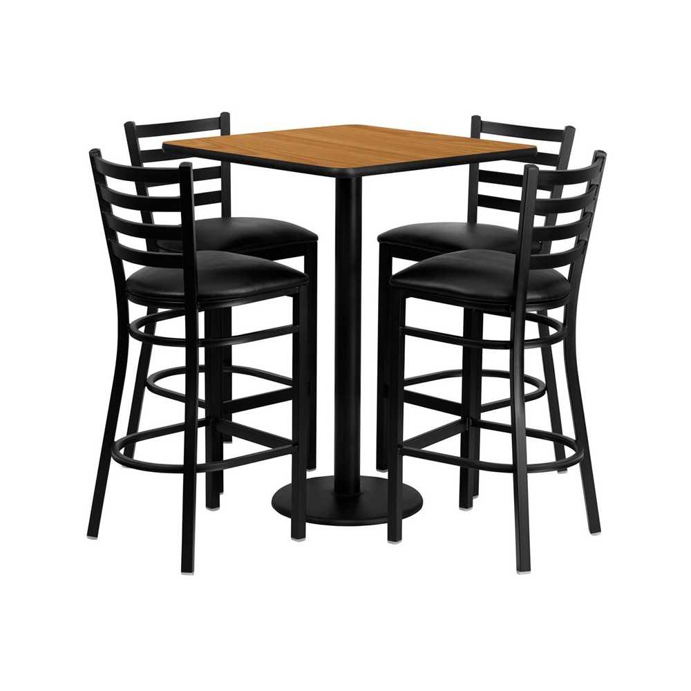 30'' Square Natural Laminate Table Set with 4 Ladder Back Metal Barstools - Black Vinyl Seat