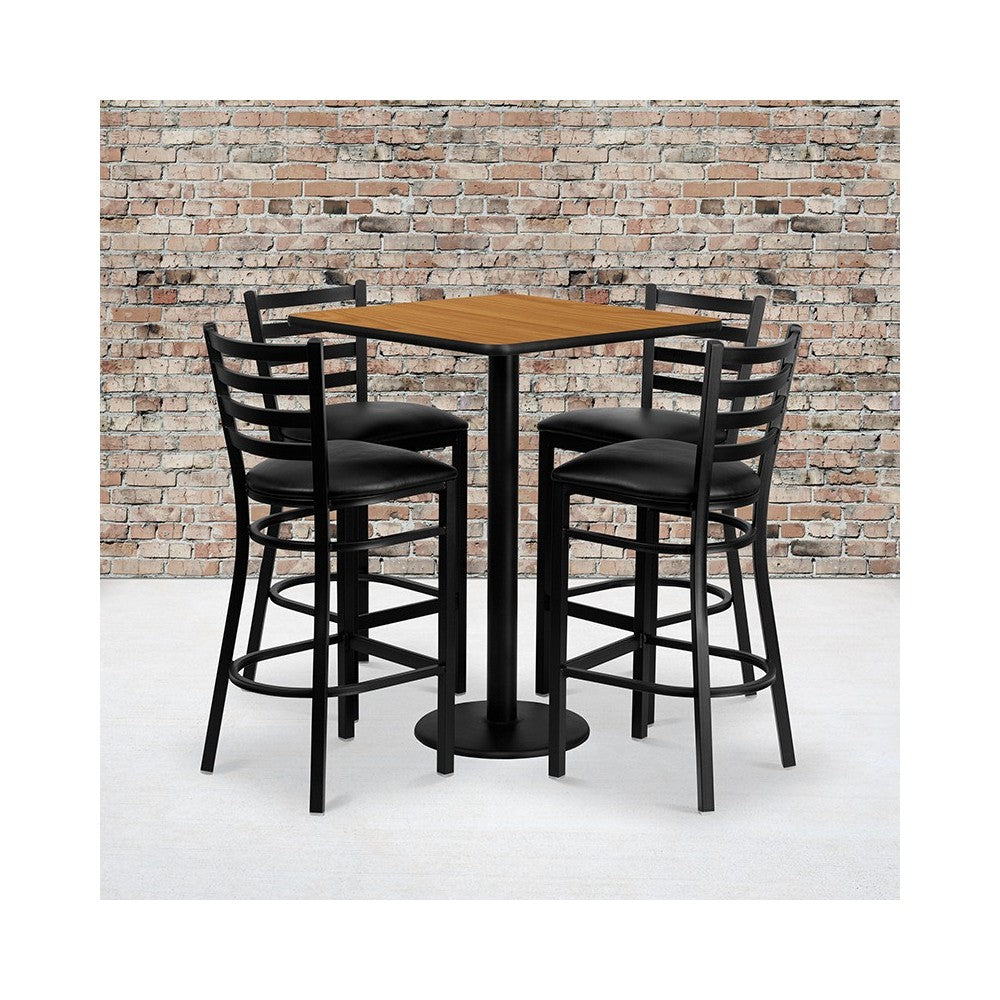 30'' Square Natural Laminate Table Set with 4 Ladder Back Metal Barstools - Black Vinyl Seat