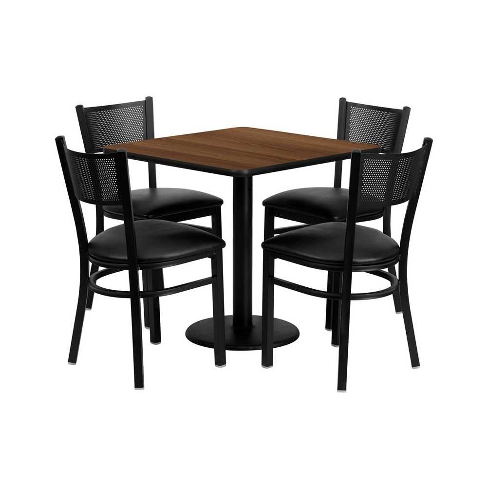 30'' Square Walnut Laminate Table Set with 4 Grid Back Metal Chairs - Black Vinyl Seat