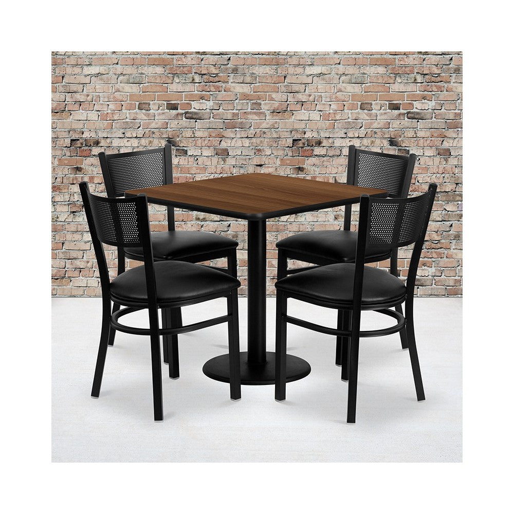 30'' Square Walnut Laminate Table Set with 4 Grid Back Metal Chairs - Black Vinyl Seat