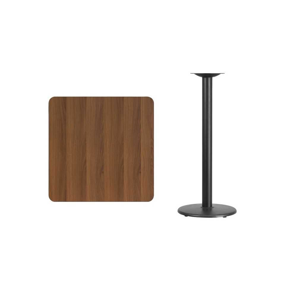 30'' Square Walnut Laminate Table Top with 18'' Round Bar Height Table Base