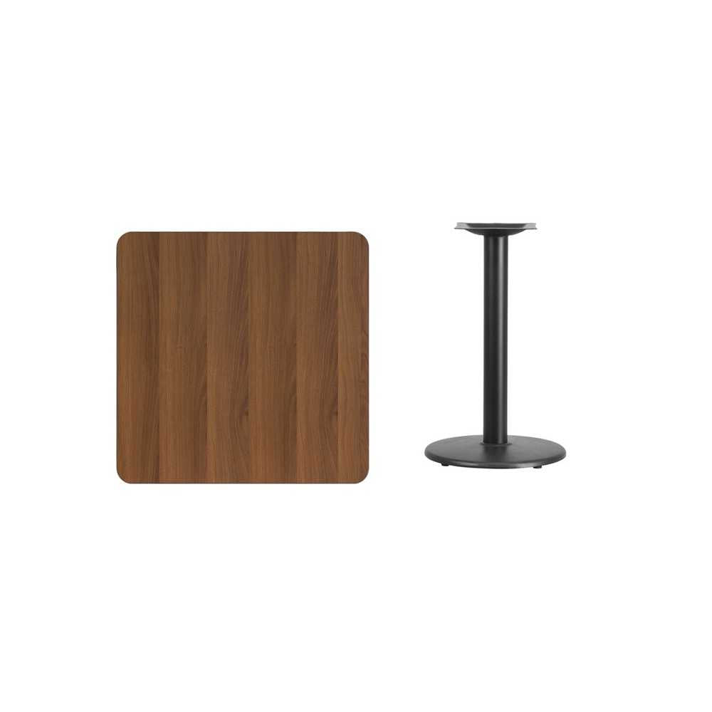 30'' Square Walnut Laminate Table Top with 18'' Round Table Height Base