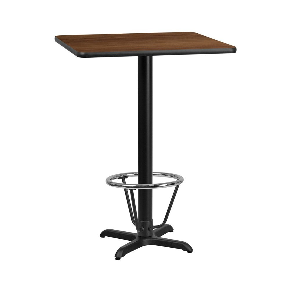 30'' Square Walnut Laminate Table Top with 22'' x 22'' Bar Height Table Base and Foot Ring