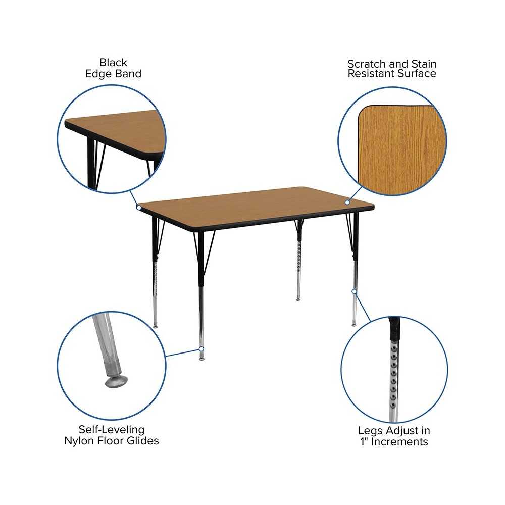 30''W x 48''L Rectangular Oak Thermal Laminate Activity Table - Standard Height Adjustable Legs